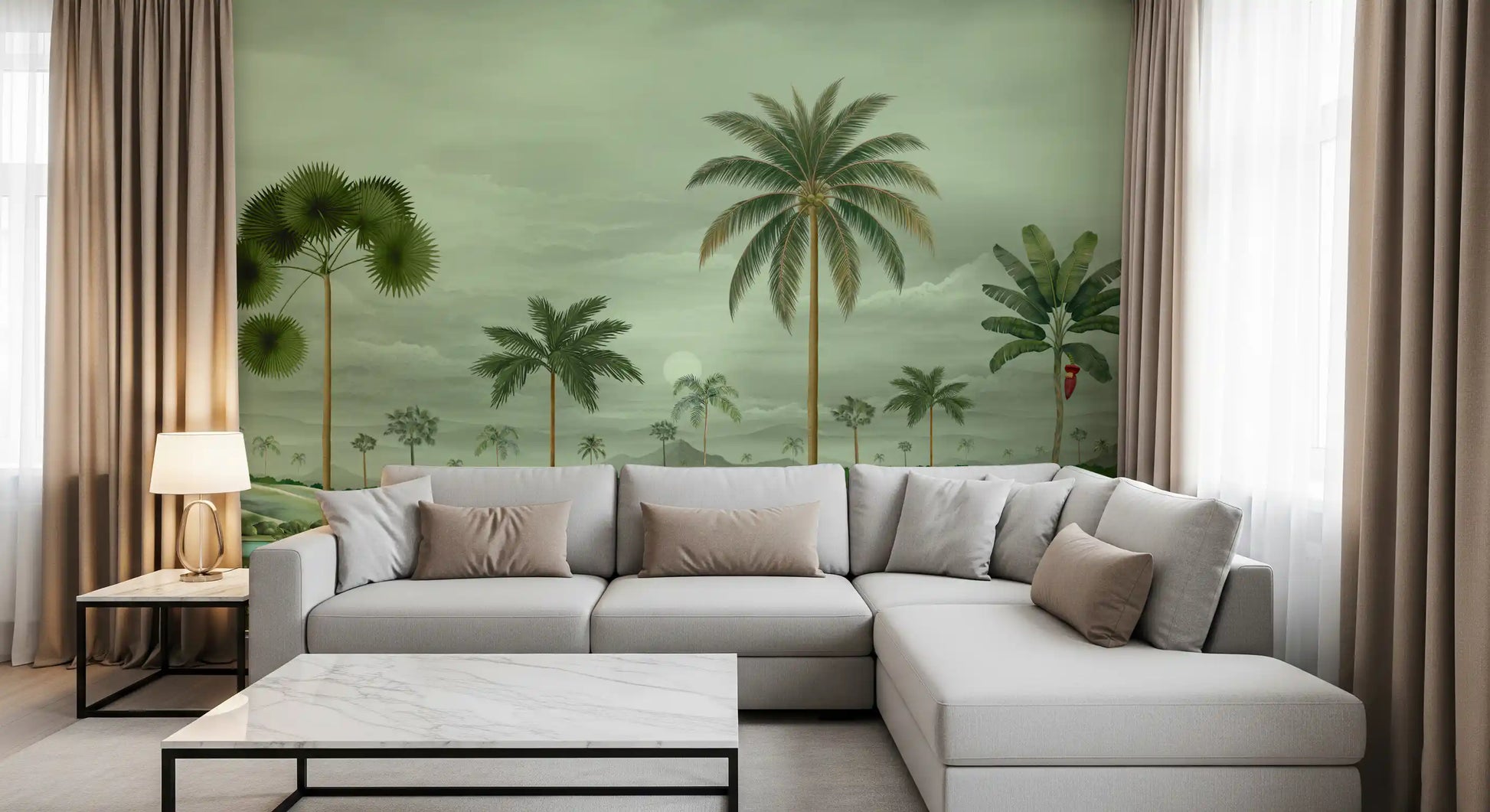 Living room Lush River Palms wall mural with blue water and tropical trees