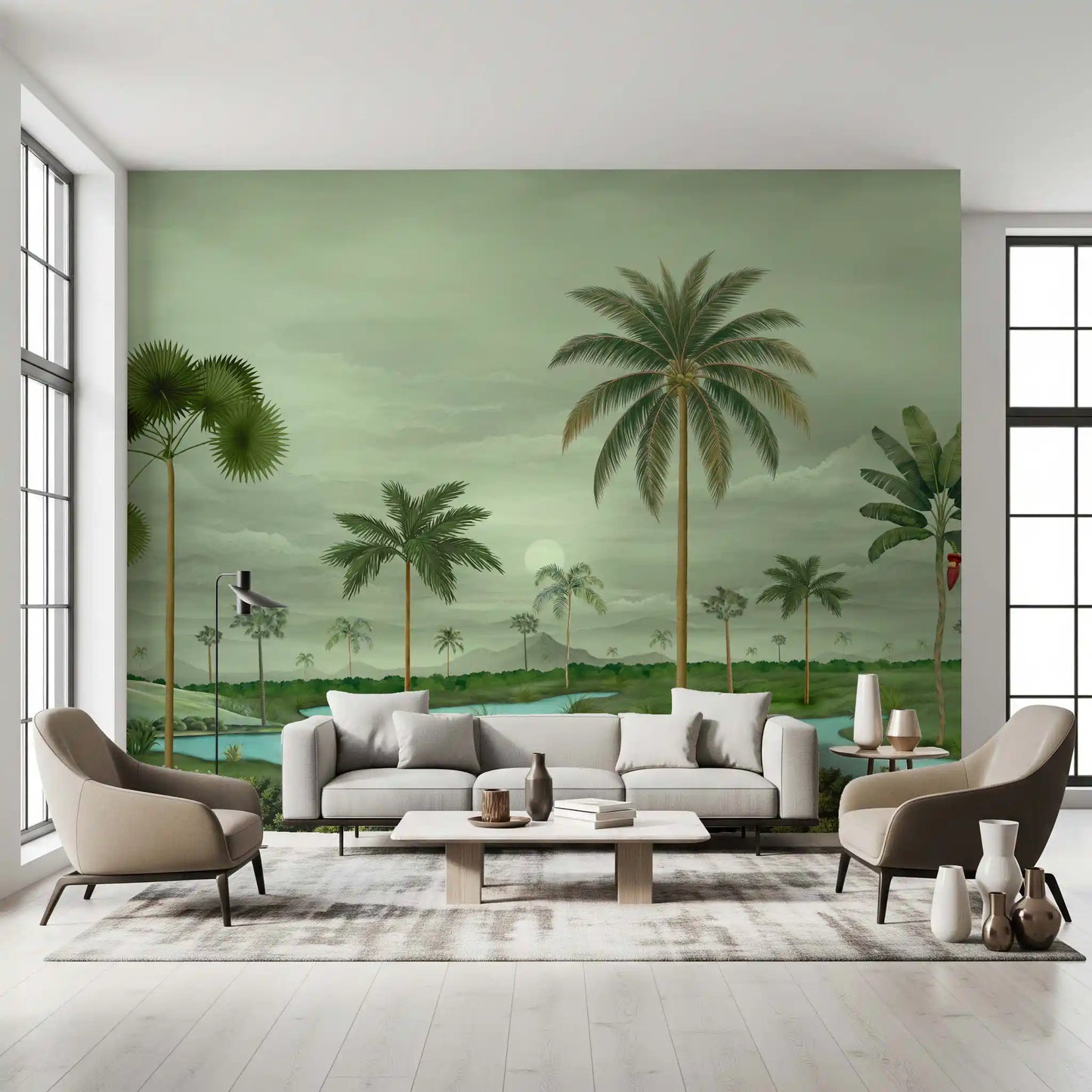 Lush River Palms Wall Mural with tall palms, soft sky, and blue water