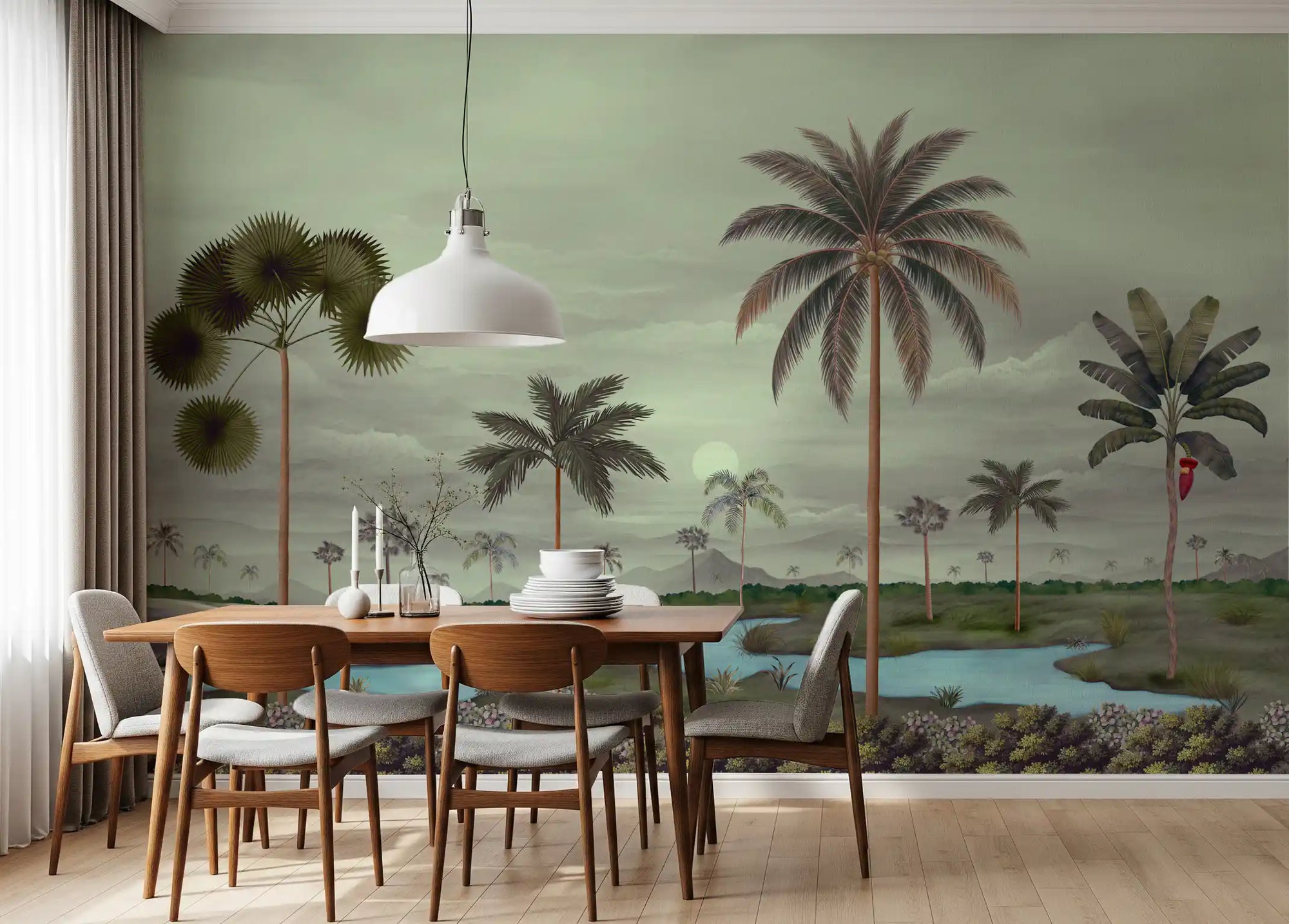 Palm river mural with muted sky, blue stream, and distant mountain forms
