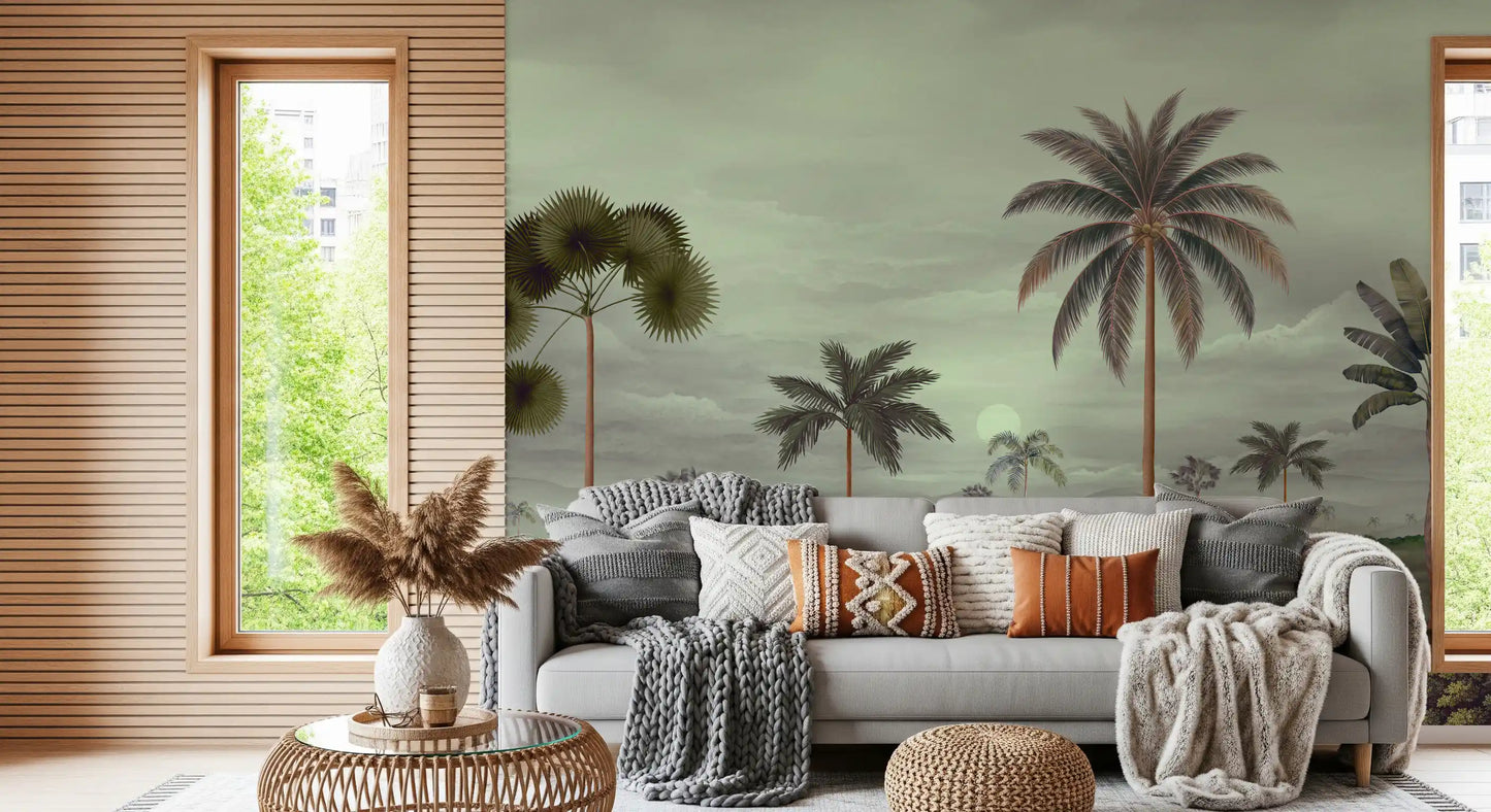 Tropical palm mural with winding river water and soft green scenery