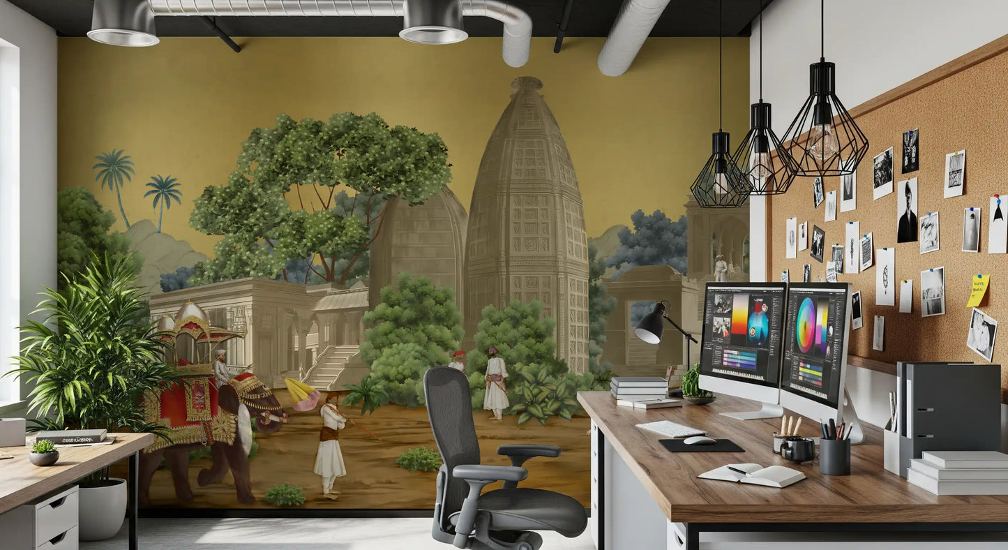 stone temples rise against yellow backgrounds in the Procession wall mural.