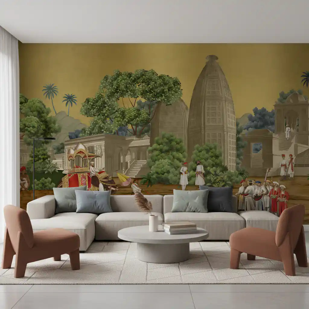 A living room displays the complete Royal Procession wall mural perfectly.