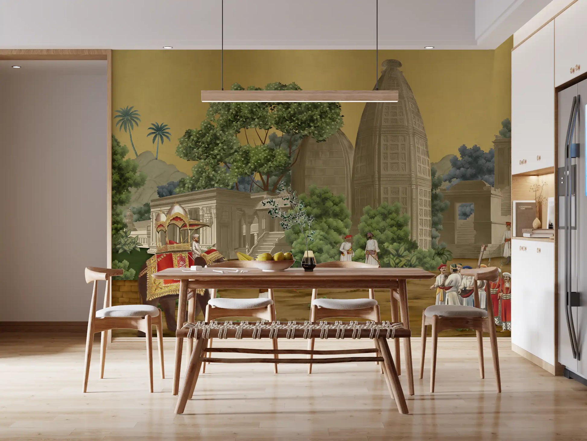 A Dining room displays historic elephant motifs within the Palace Procession wall mural.