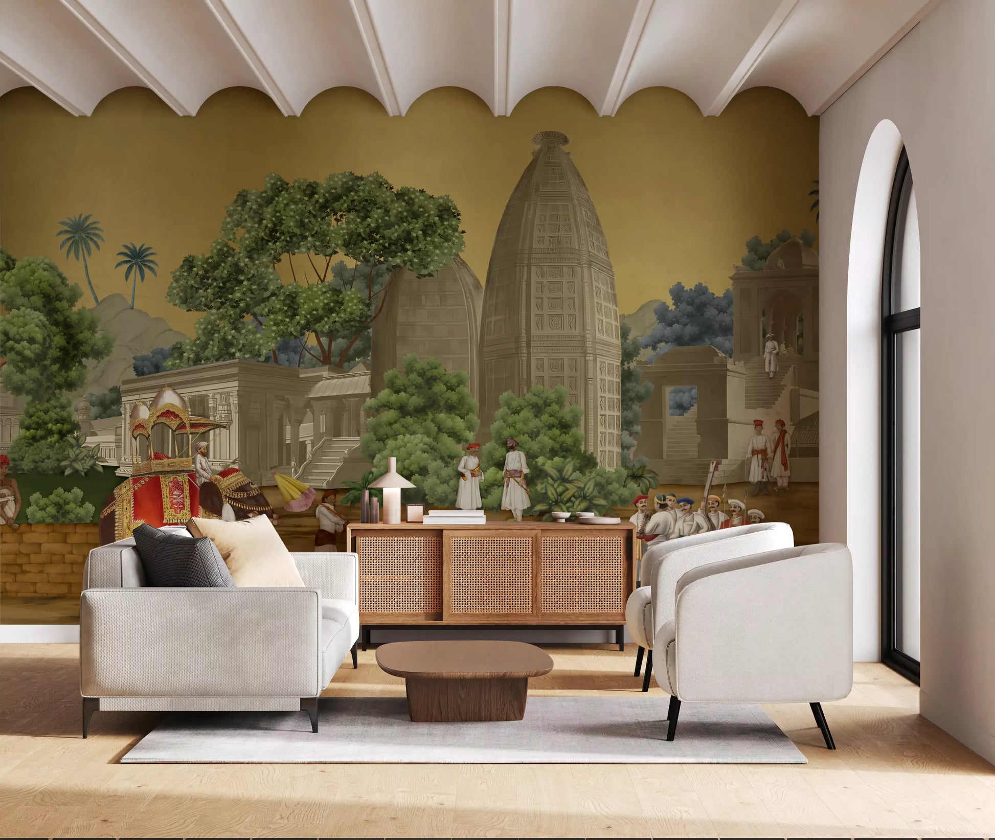 The majestic elephant transports riders across a lively Procession wall mural