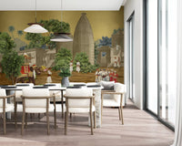 Royal guards gather near lush vegetation throughout this Palace wall mural