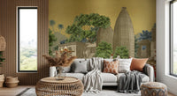 The Living room features golden skies from a grand Procession wall mural.