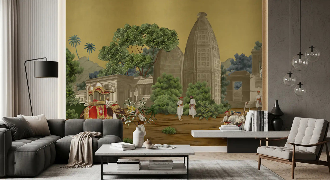 Behind this lounge rests a vibrant Palace wall mural filled with lush trees.