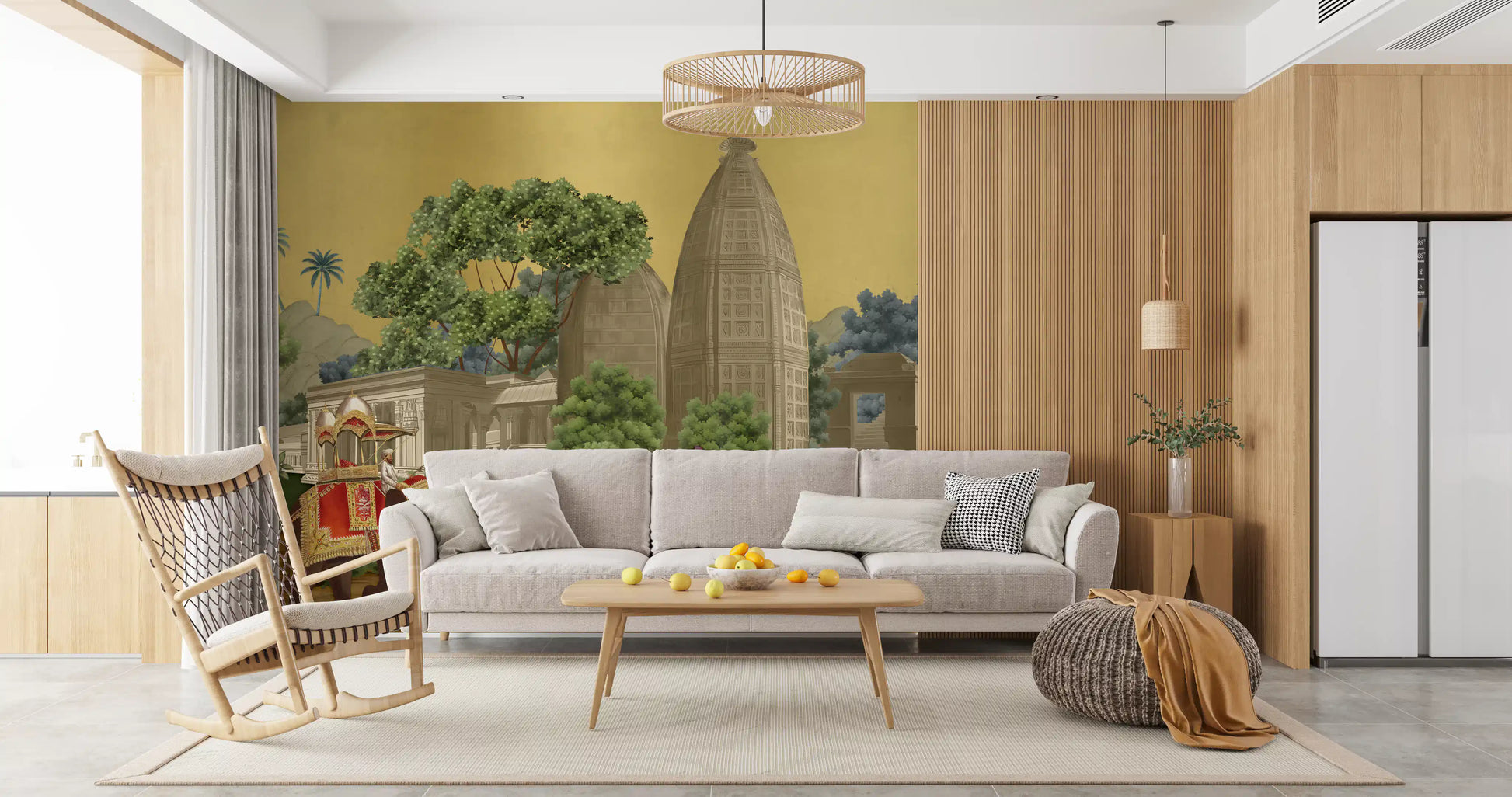 Distant blue mountains contrast sharply with yellow clouds in the Palace wall mural.