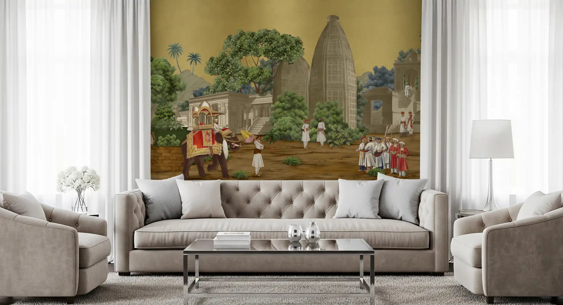 An intricate Palace Procession wall mural spans the expansive Living room.