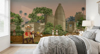 sunset gradients fill the sky above the expansive Royal Procession wall mural.