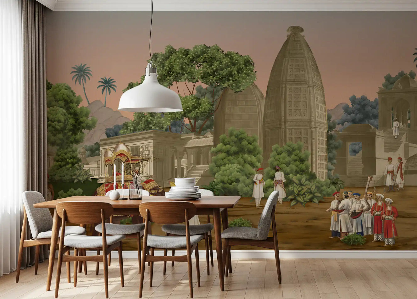 The Royal wall mural provides a warm backdrop for this bright dining room.