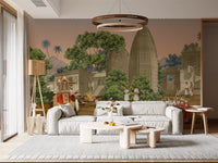 palms frame the historic temples featured on this Royal wall mural.