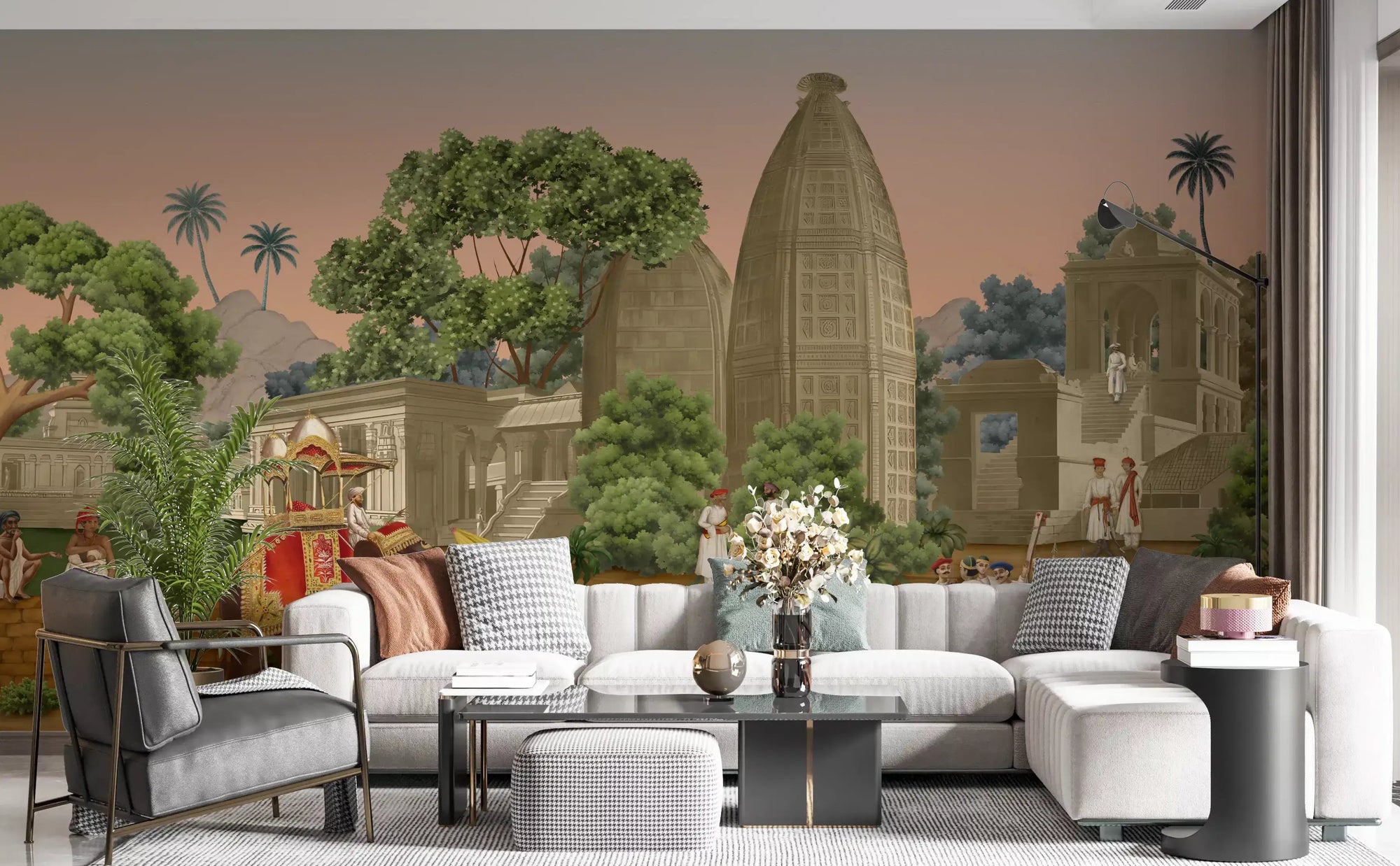 A spacious living room displays the complete Royal Procession wall mural perfectly.
