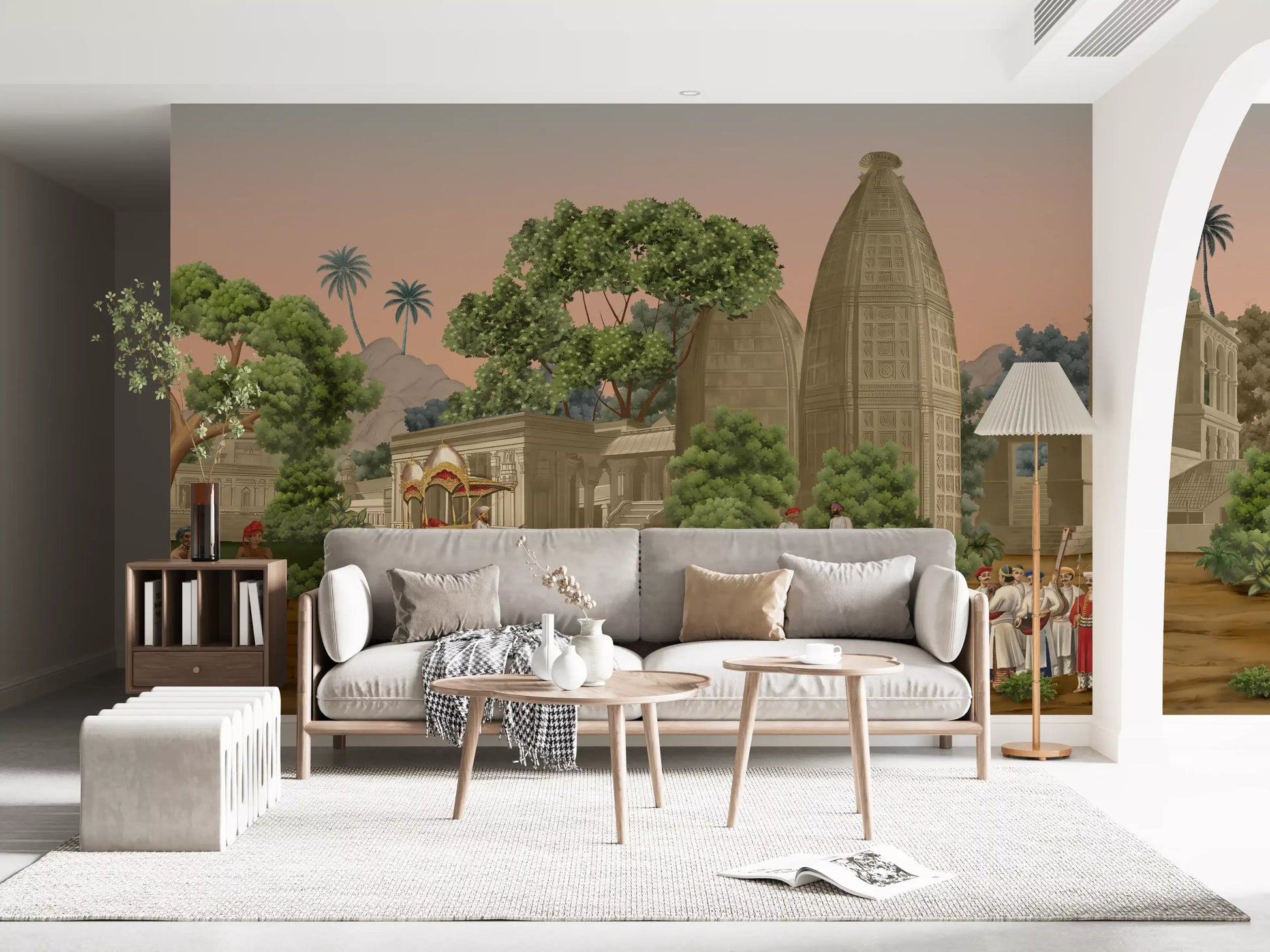 Sunlight in the open hallway highlights the intricate Royal wall mural .