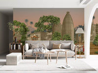 Sunlight in the open hallway highlights the intricate Royal wall mural .