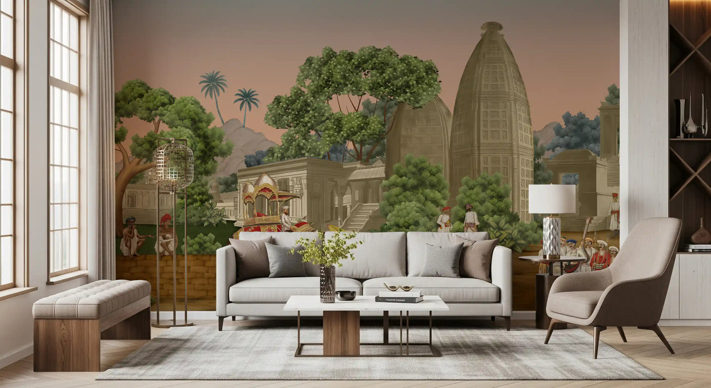 Lush greenery and temples from the Royal wall mural fill this lounge.