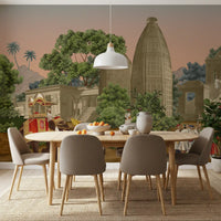 Neutral tones in the Dining area complement the historical Procession wall mural.