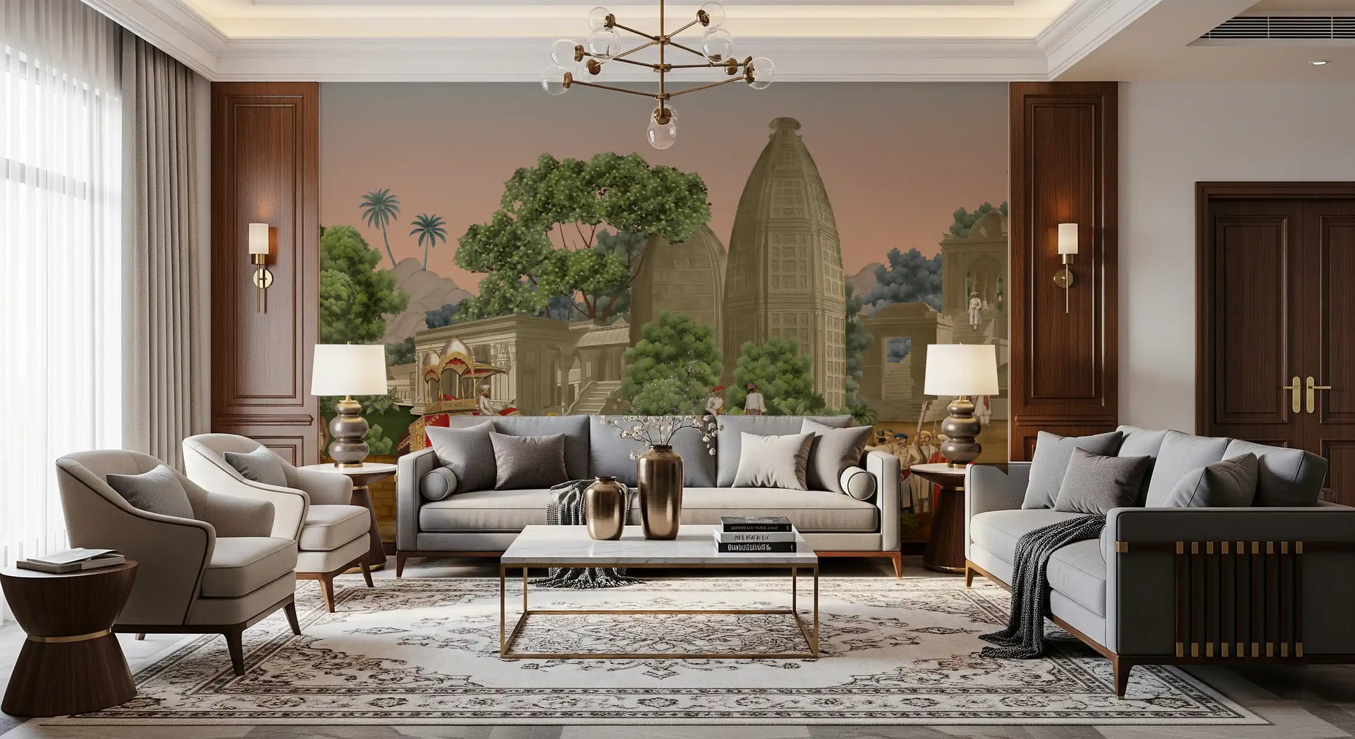 Sandstone palace architecture towers over the Royal Procession wall mural 