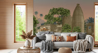 Calm earthy colors of the Procession wall mural the styling in this Living room .