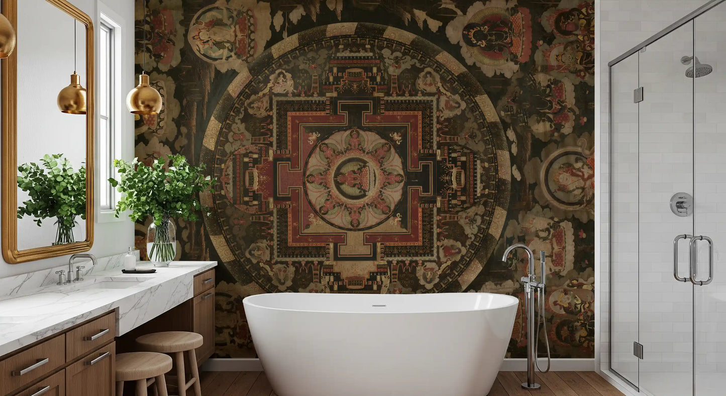 Minimalist bathroom architecture highlights the complex Cosmic wall mural.