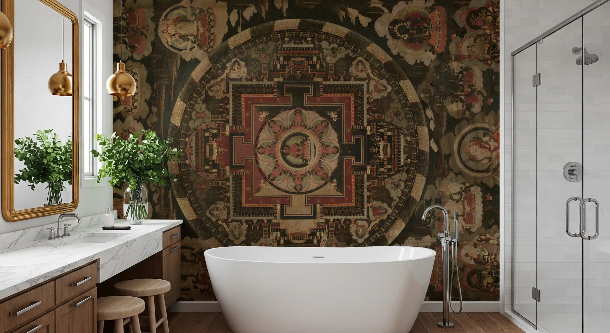 Minimalist bathroom architecture highlights the complex Cosmic wall mural.