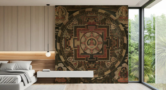 The Tapestry wall mural provides a spiritual thangka focal for this Bedroom .