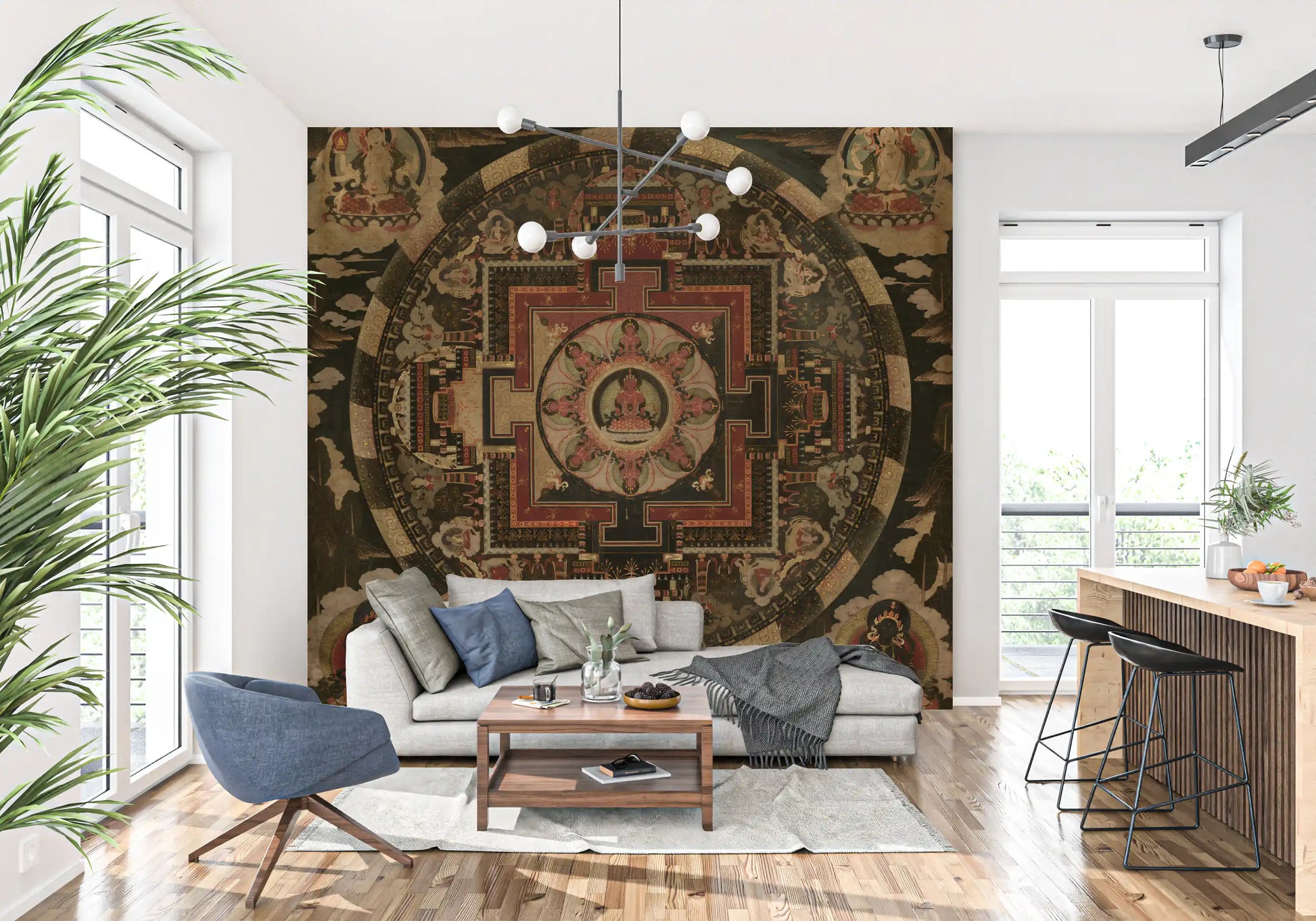 Central deities meditate within the Sacred Mandala Tapestry wall mural.