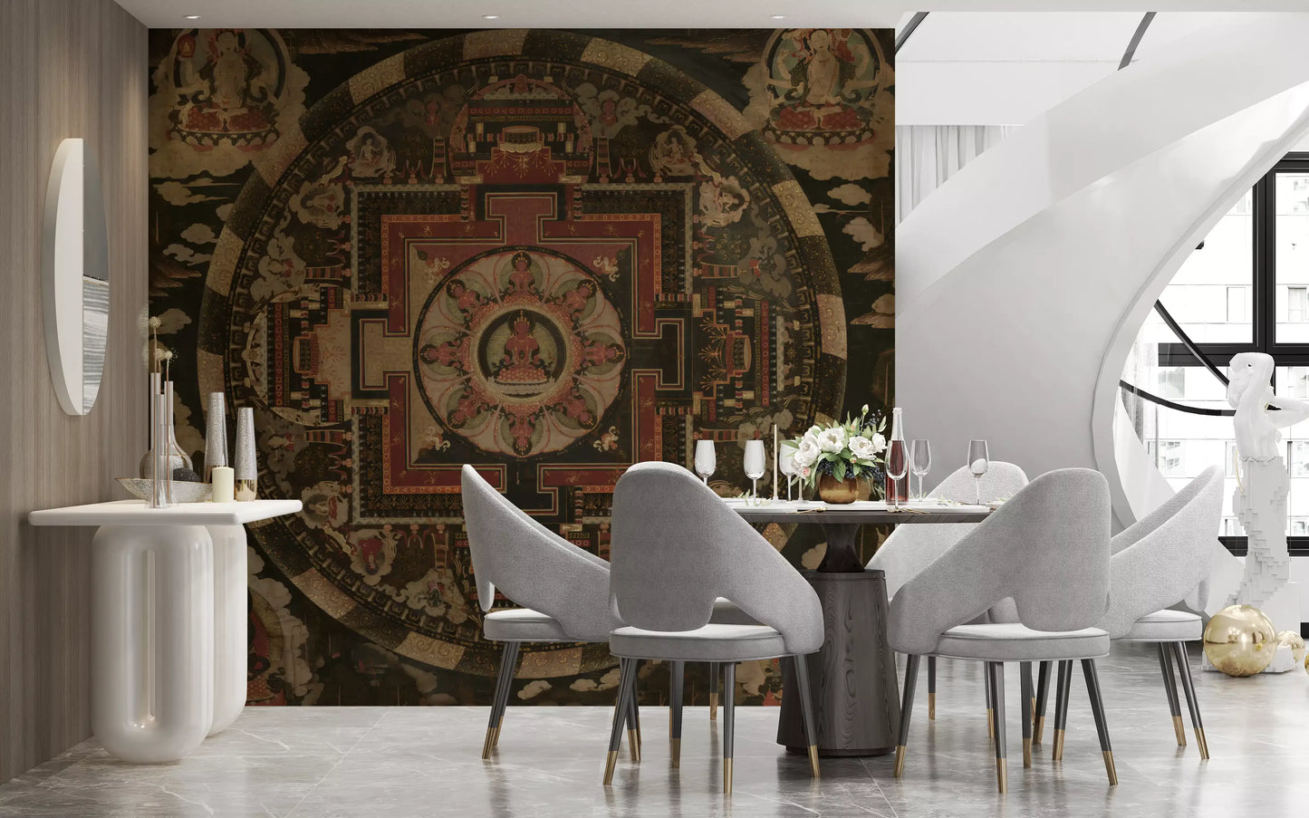 Intricate golden highlights the Sacred Mandala Tapestry wall mural.