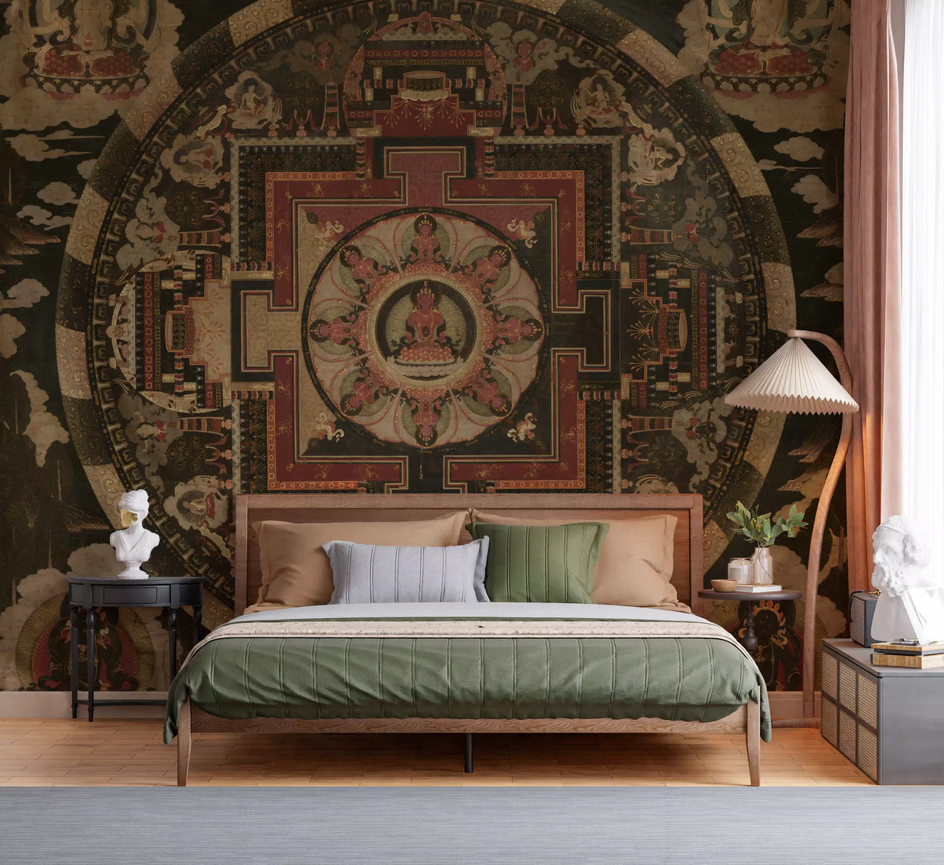 A bedroom backdrop featuring the intricate Sacred Mandala Tapestry wall mural.