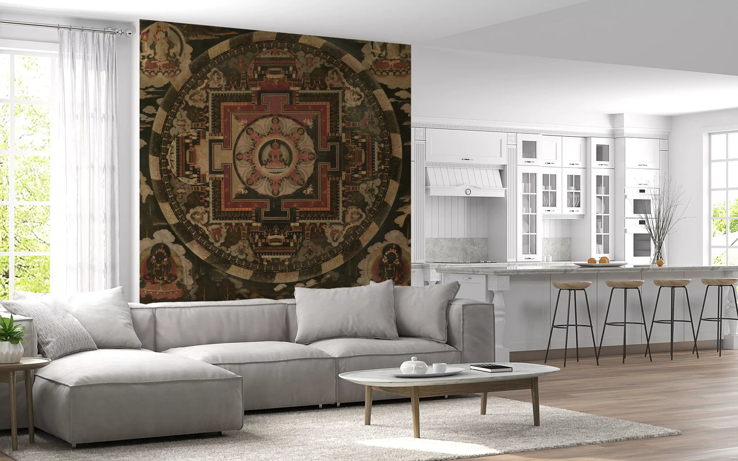 Buddhist on the Sacred Mandala Tapestry wall mural a living and kitchen area 