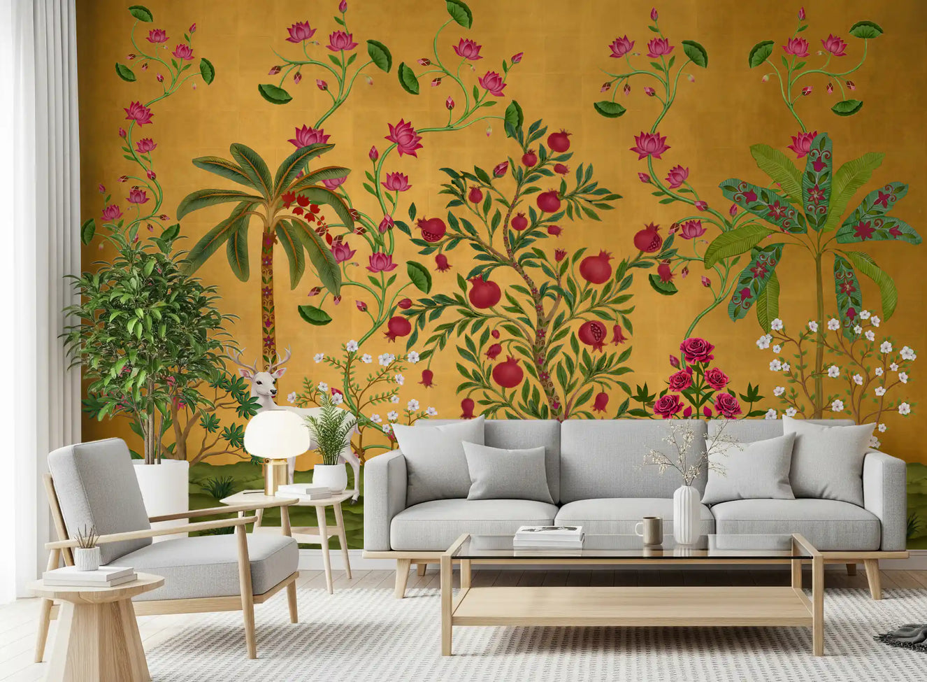 Regal Wildlife Paradise wall mural glowing behind a pale living room seating setup