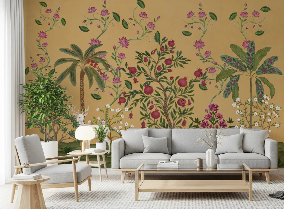 Golden ochre Mughal Garden Serenity wall mural behind a pale living room seating area