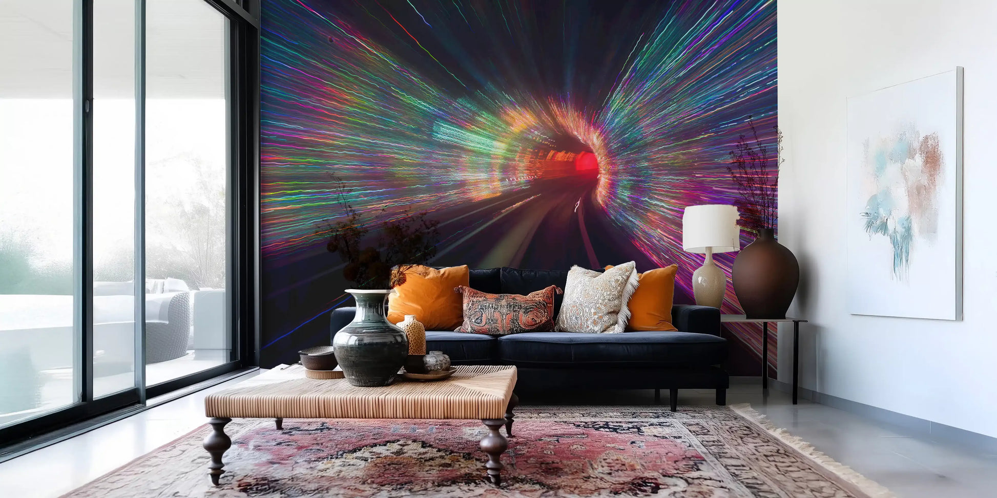 Purple and blue streaks fan outward across the Warp Lights wall mural
