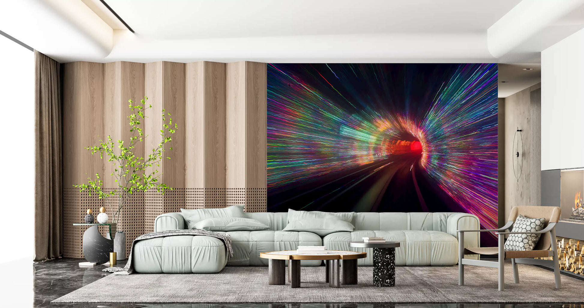 Motion-blur tunnel effect drives the Warp Speed wall mural