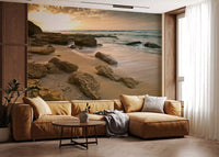 Golden Shore wall mural showing rocky sand and a glowing sunrise sky
