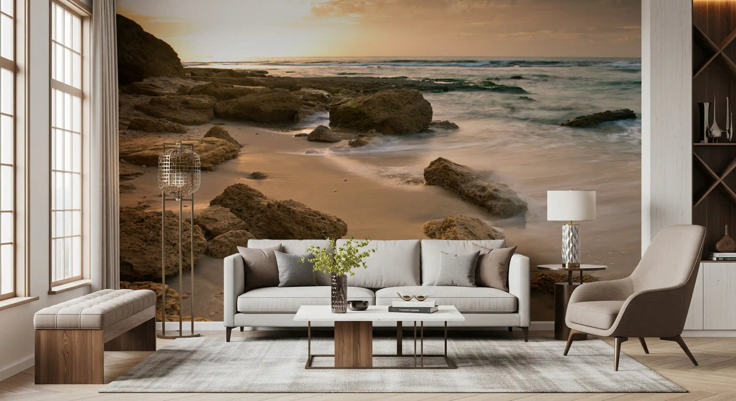 Weathered rocks line the sandy foreground of this Golden Quiet wall mural