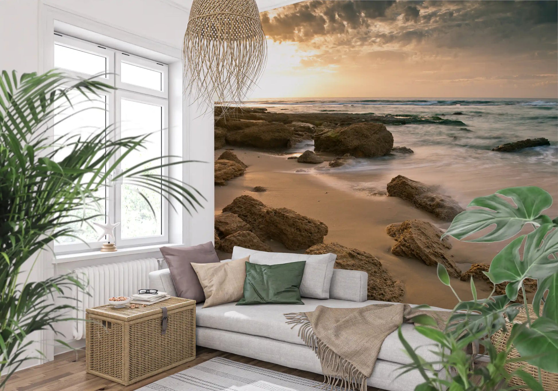 Golden Quiet Shore wall mural spanning a bright open living room