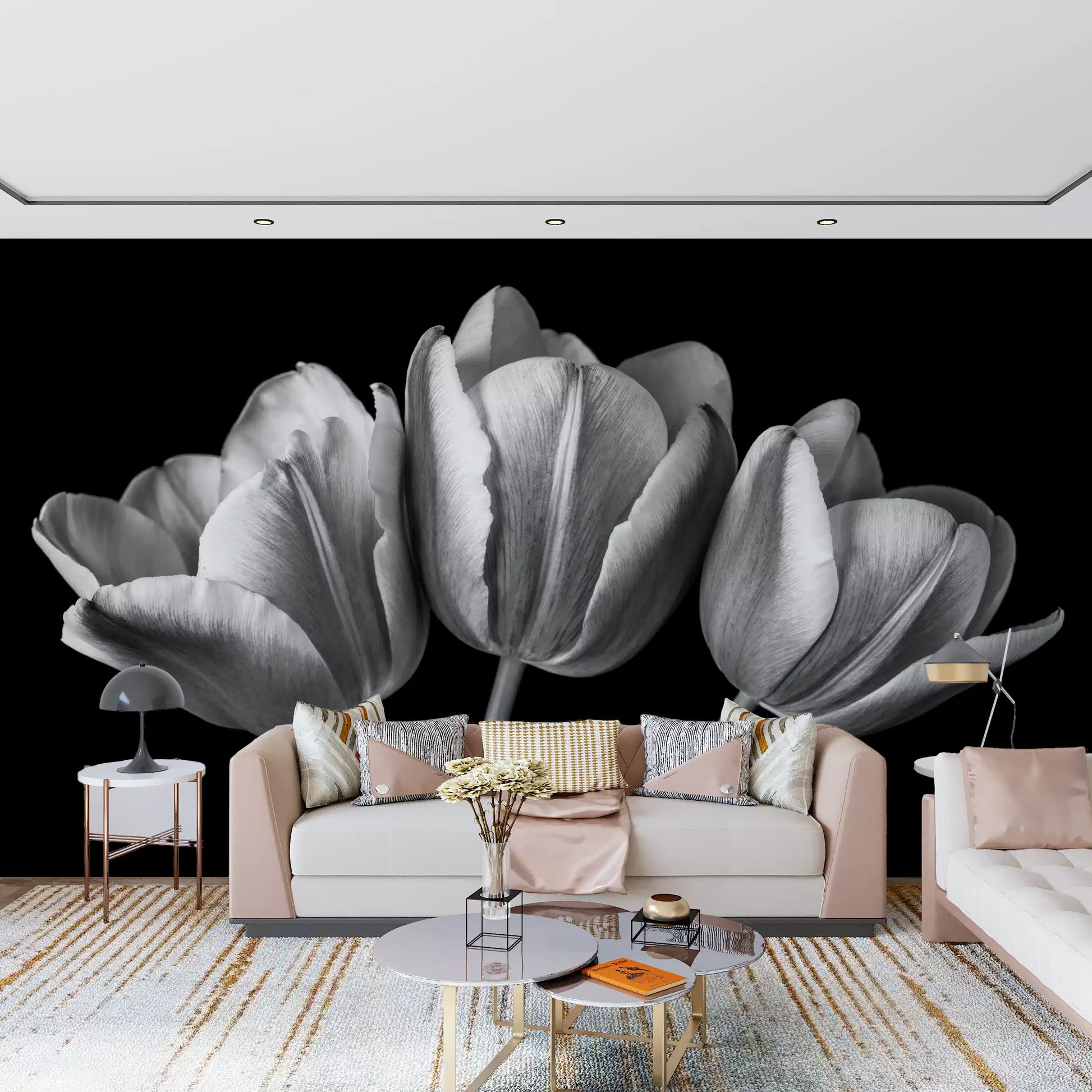 Hallway view of the Tulip Shadows wall mural against a deep black ground