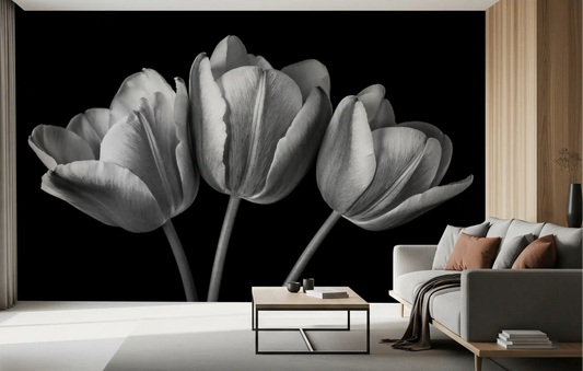 Living room styled with the Elegant Tulip Shadows wall mural