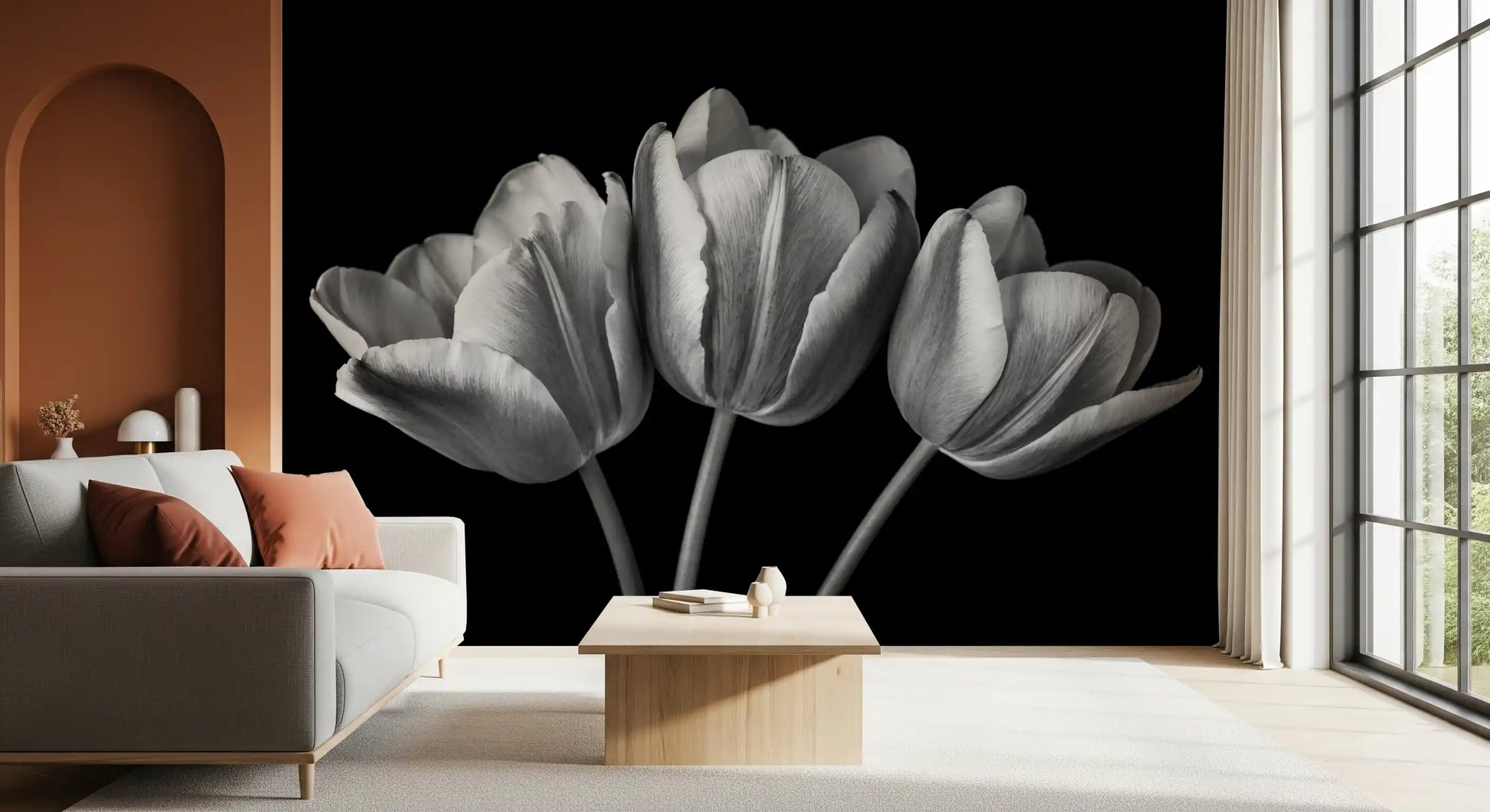 Pale petals curve outward across the Elegant Tulip Shadows wall mural