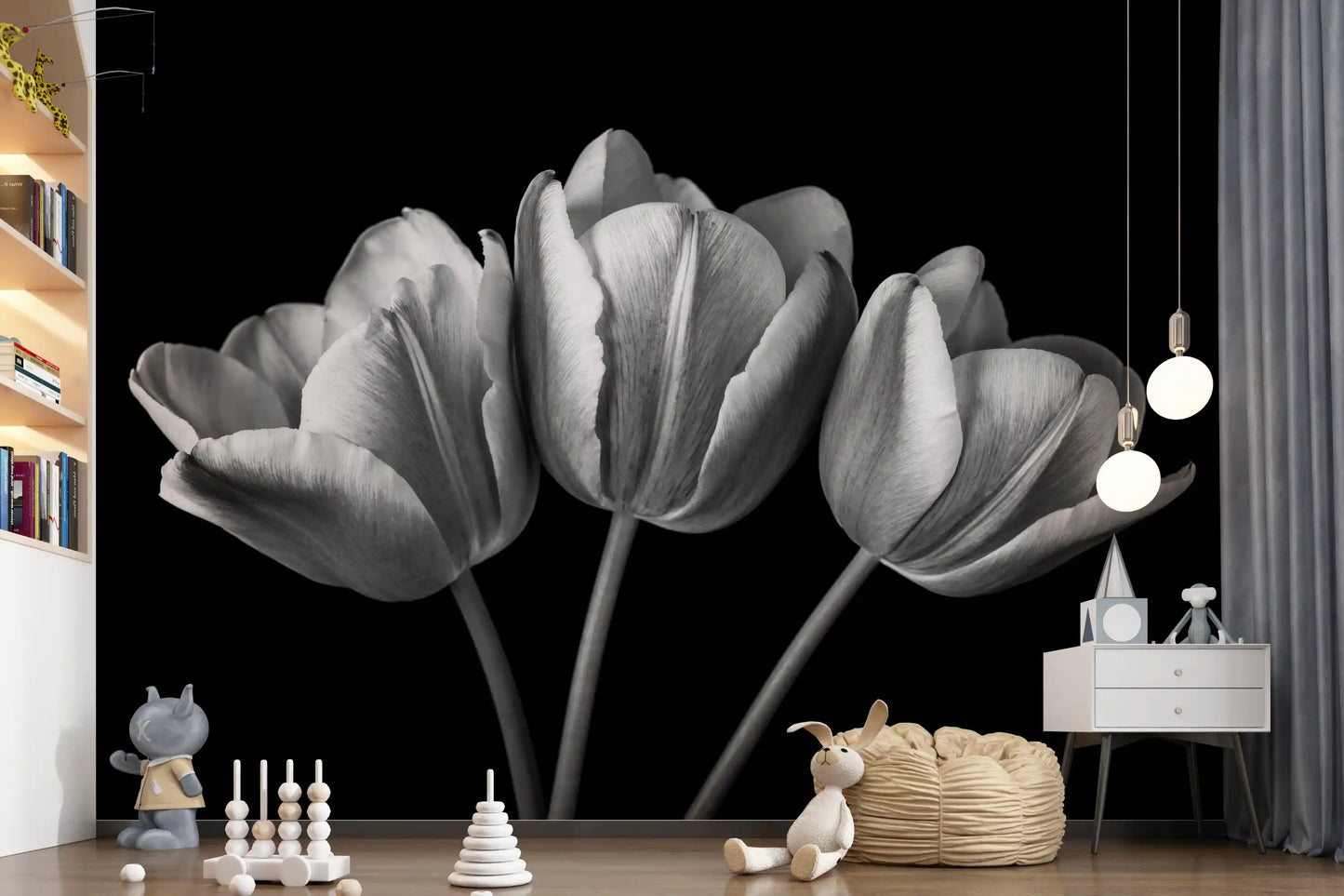 Nursery Play area  where pale tulip blooms spread a black wall mural