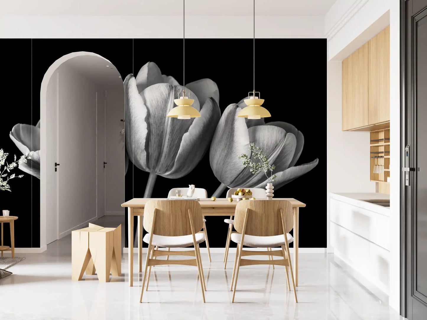 Dining room backdrop using the Elegant Tulip wall mural in grey and white