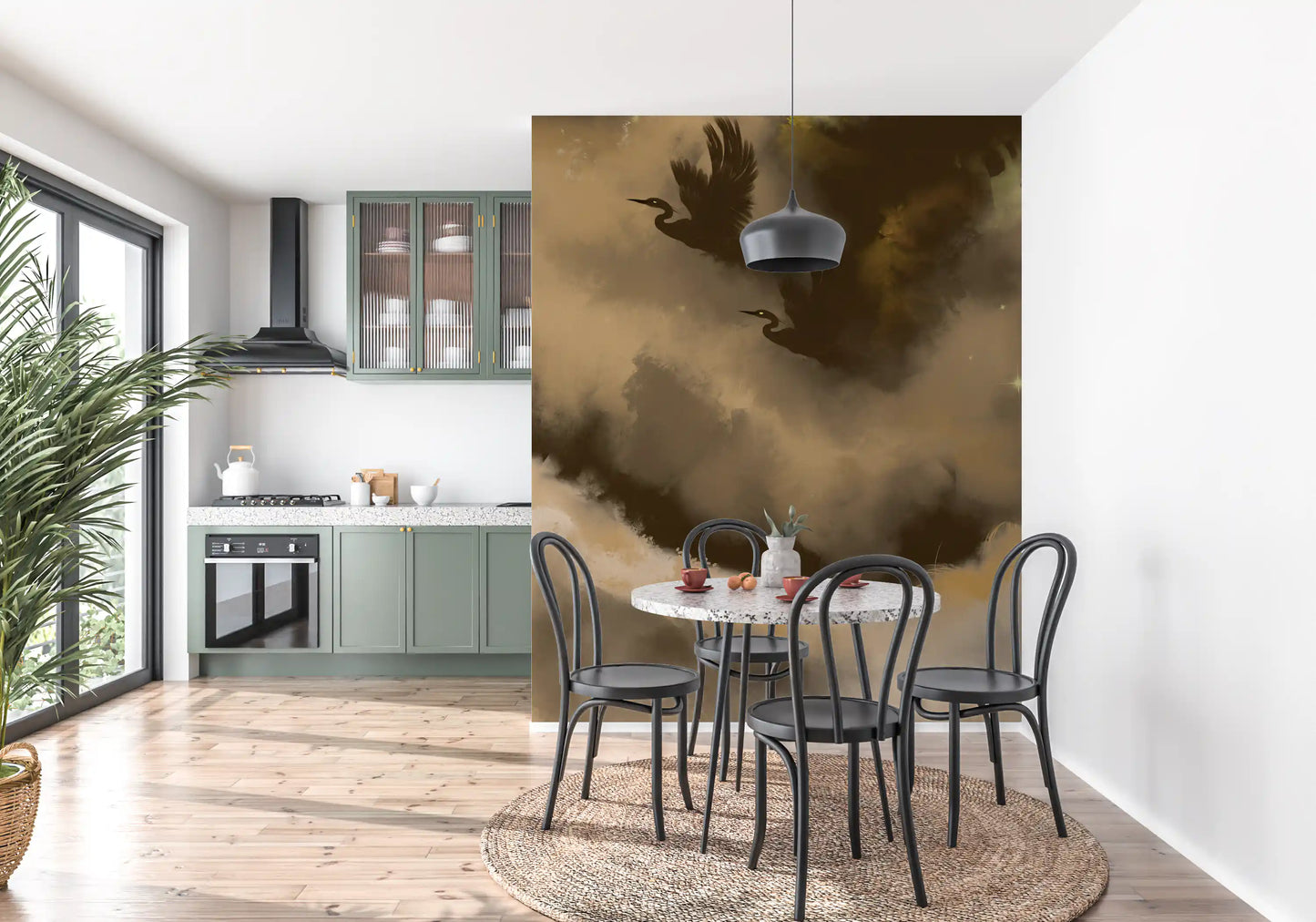Mystic Flight of Herons wall mural showing two birds in golden mist
