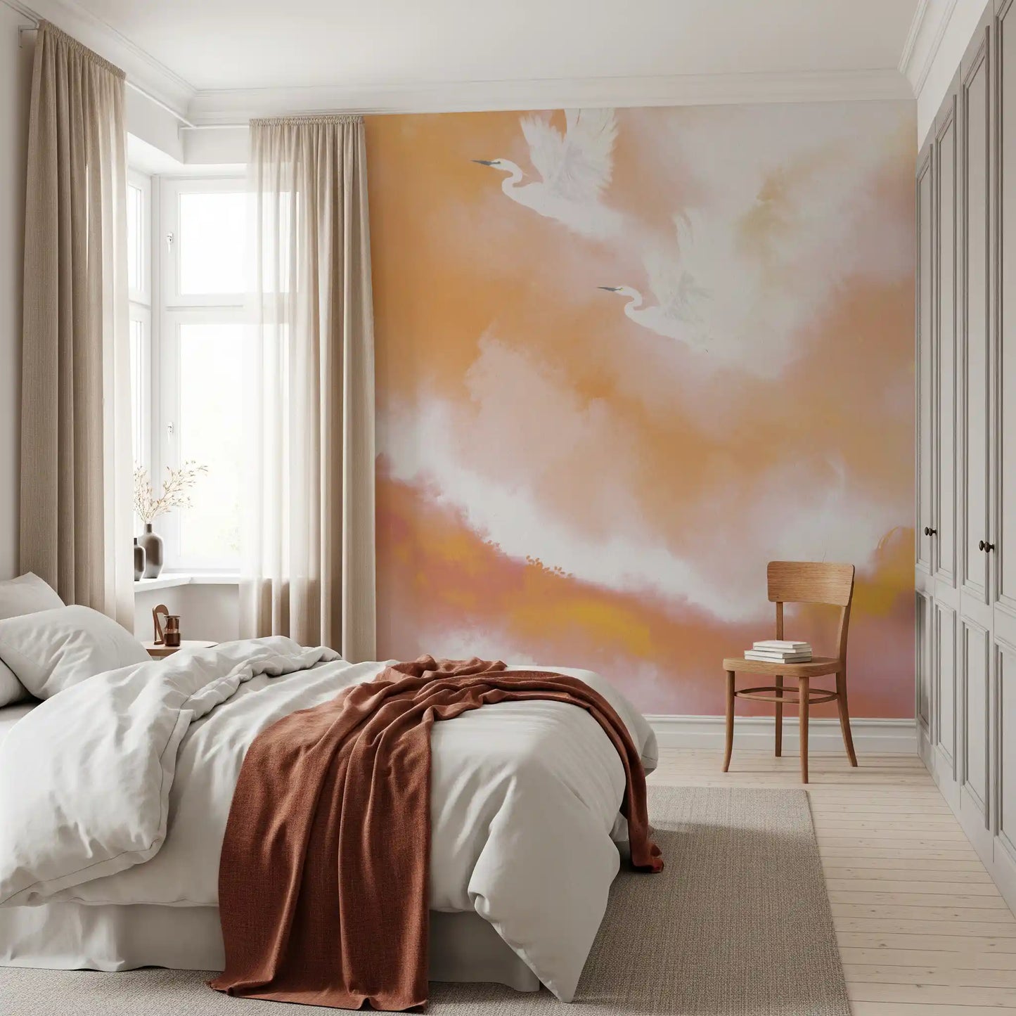 Pale birds rising across the warm watercolour heron wall mural