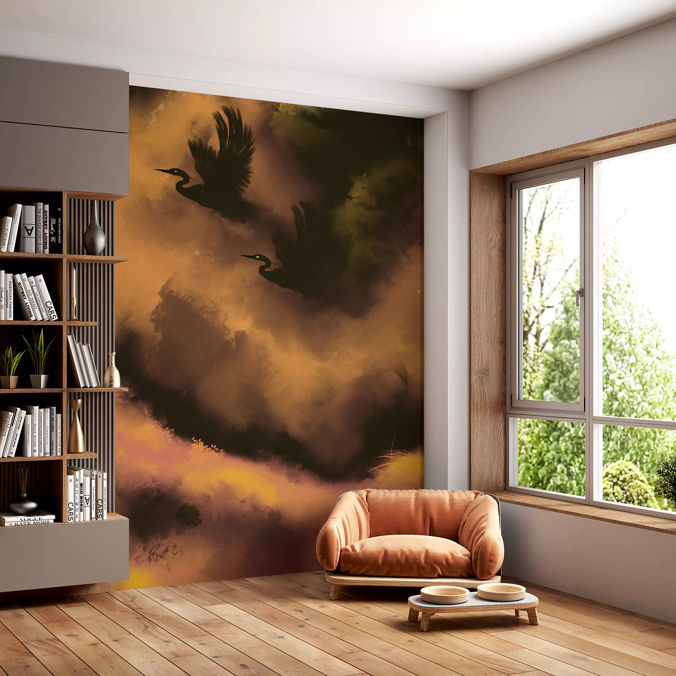Living room with Ethereal Flight wall mural behind a curved sofa and shelving