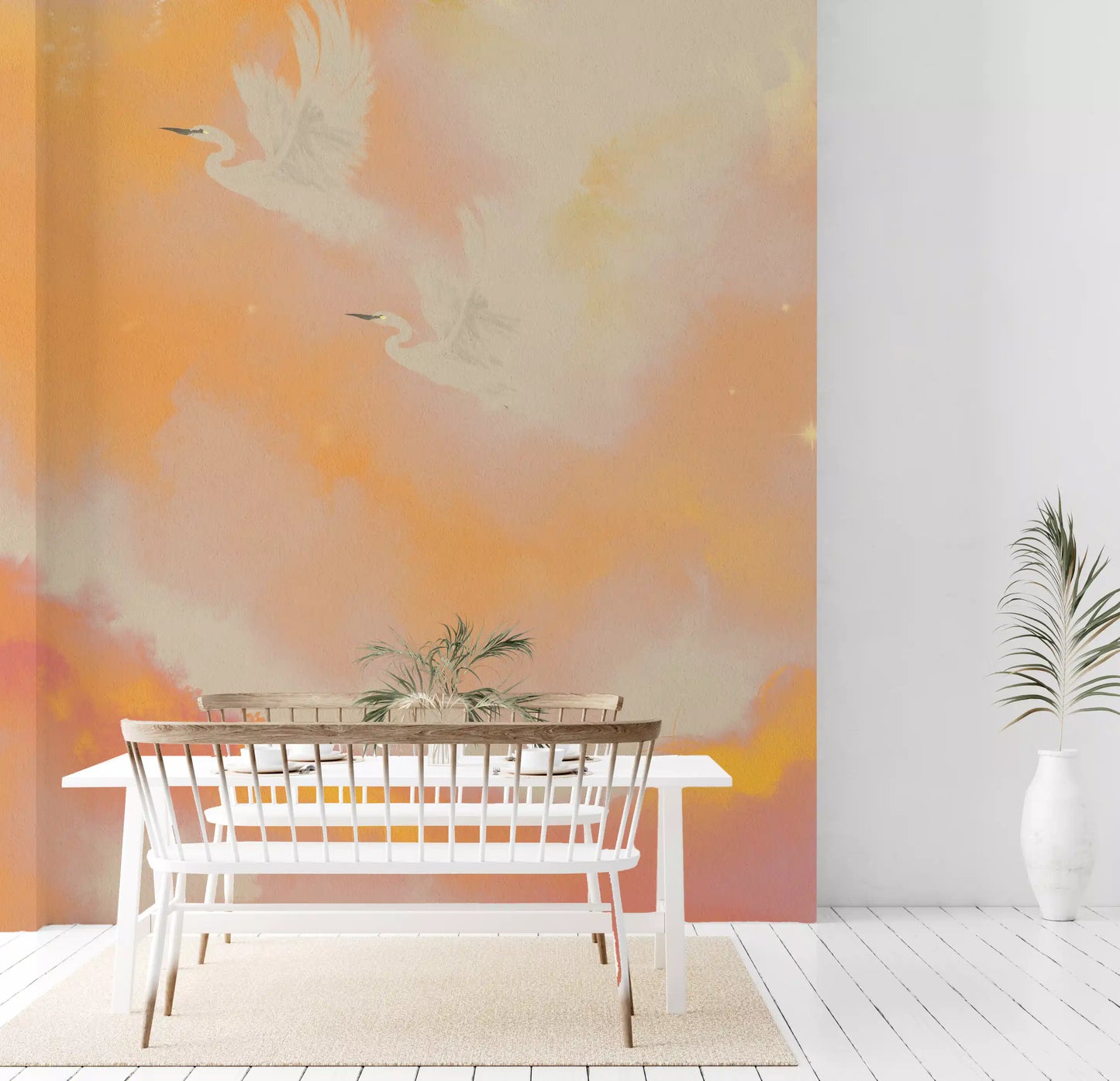 Hallway glowing with a peach watercolour heron wall mural
