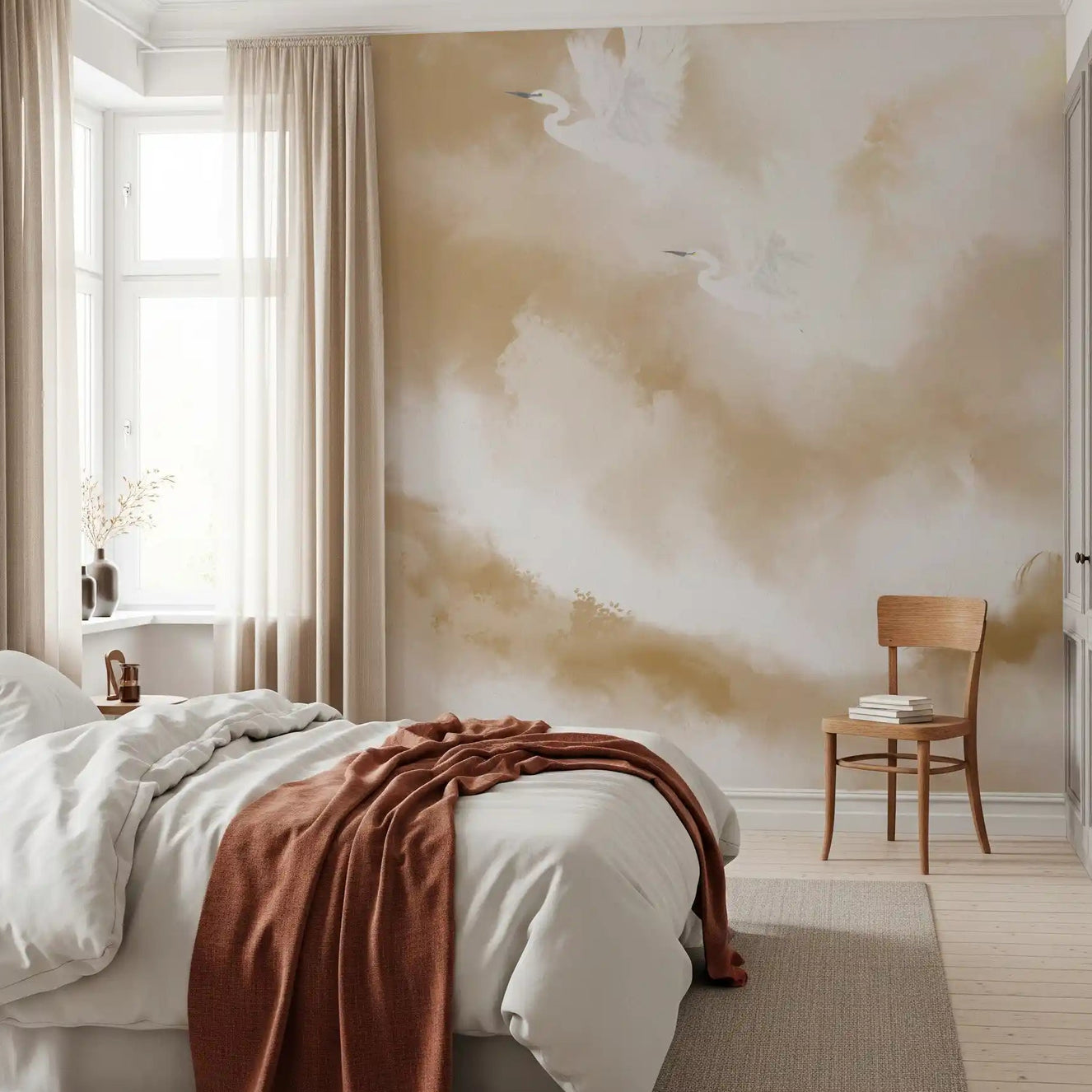 Bedroom with beige cloud Flight of Serenity wall mural