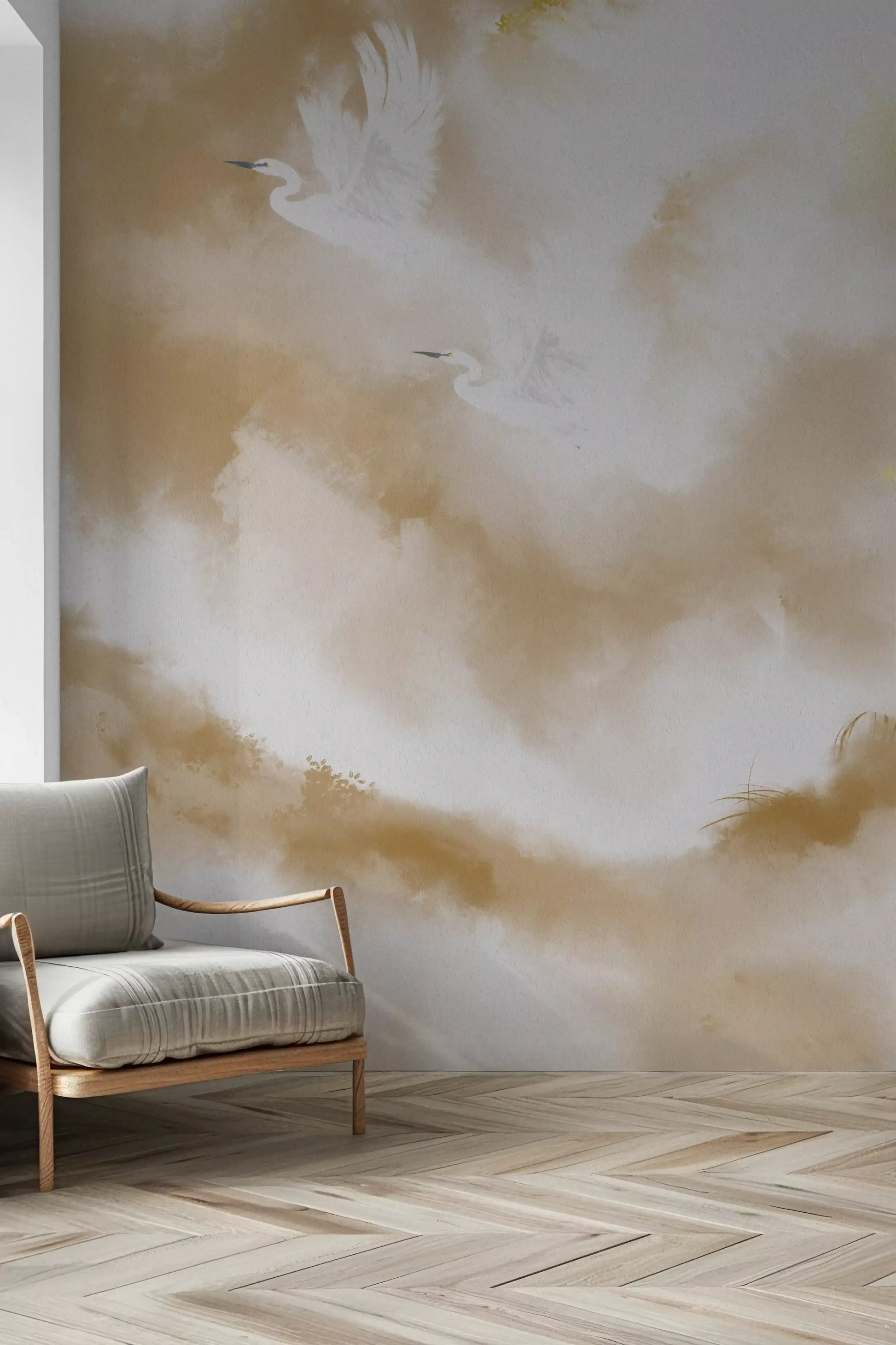 Pale watercolour herons drift across the Serenity wall mural surface
