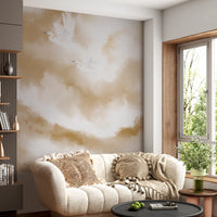 Faint gold light tops the heron motif on this Serenity wall mural