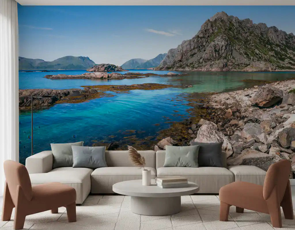 Living room styled with a coastal peaks and turquoise water mountain wall mural